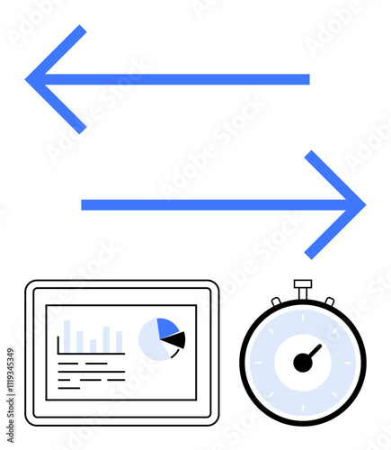Two blue arrows a digital tablet displaying graphs and charts, and a stopwatch. Ideal for data analysis, time management, productivity, technology, business strategy, project planning, efficiency