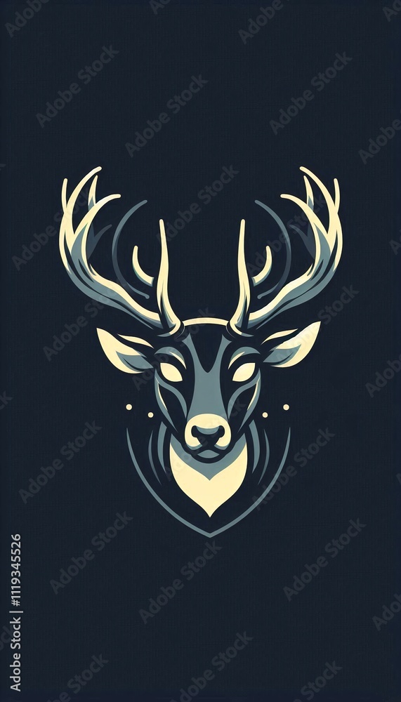 Fototapeta premium A close-up illustration of a deer's head with large antlers and glowing eyes against a dark background