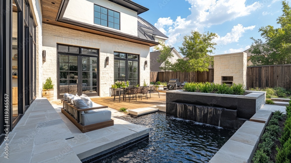 Outdoor patio with modern black and white tones, rustic wooden accents, and a small soothing water feature for elegance Outdoor patio with modern black and white tones, rustic wooden accents, and a small soothing water feature for elegance