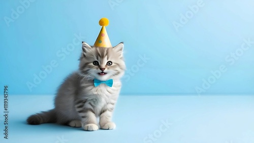 A charming grey kitten in a festive hat and with a blue bow on a pale blue background photo