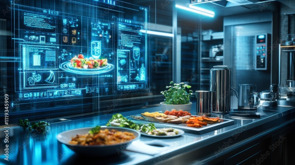 Fototapeta premium Futuristic Kitchen with Digital Interface and Fresh Ingredients Display