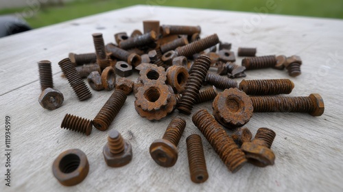 A nostalgic array of rusty gears and bolts scattered on a wooden surface, evoking mechanical history and timeless craftsmanship aesthetics. photo