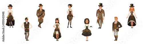 People Wearing Retro Stylish Steampunk Outfit Vector Set