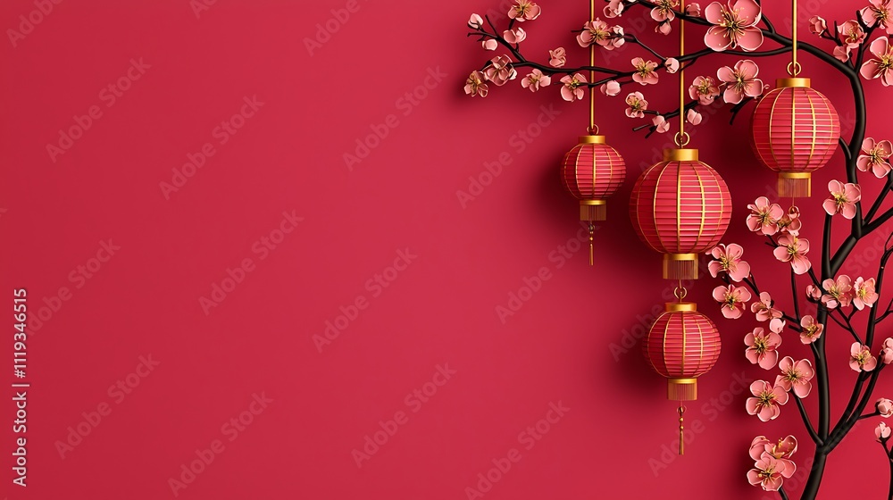 A vibrant red background adorned with cherry blossom branches and hanging red lanterns, symbolizing celebration and tradition. A vibrant red background adorned with cherry blossom branches and hanging red lanterns, symbolizing celebration and tradition.
