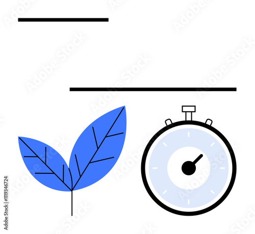 Blue leaf stopwatch and black horizontal lines convey concepts of nature, timing, balance, and growth. Ideal for productivity, environmental awareness, planning, sustainability, efficiency