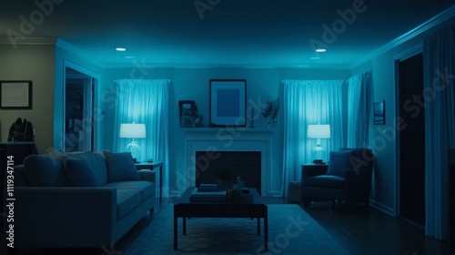 Cozy Living Room at Night with Soft Blue Lighting and Minimal Decor