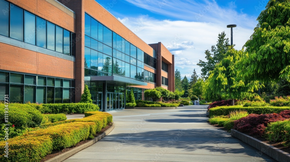 Modern office building with landscaped grounds and walkway. Modern office building with landscaped grounds and walkway.