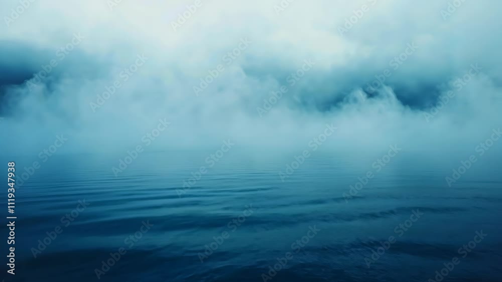 Foggy blue ocean with still water and misty sky  
