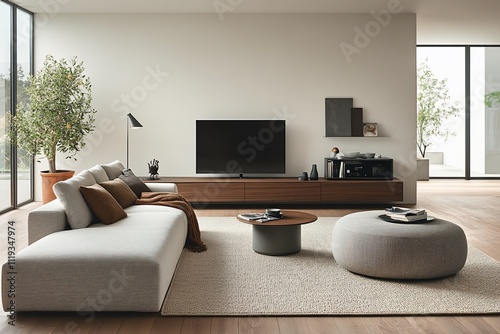 Modern living room with sectional sofa, TV, and minimalist decor.