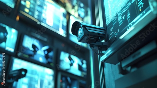 Security camera monitoring multiple screens in a control room.