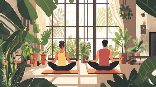 A couple practicing yoga on mats in their living room, surrounded by plants and natural light streaming through large windows.