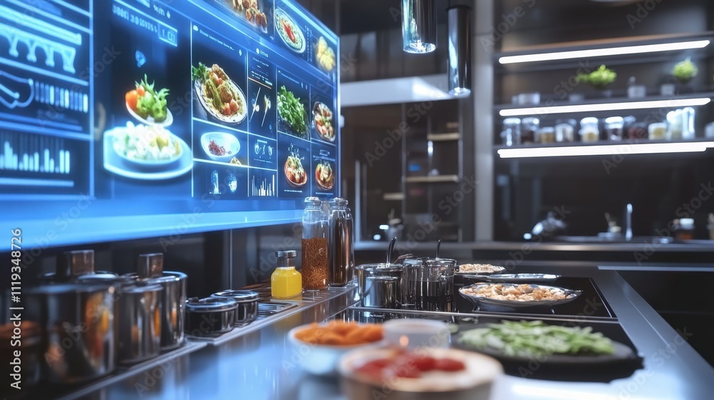Modern Kitchen with Smart Display Technology and Fresh Ingredients Modern Kitchen with Smart Display Technology and Fresh Ingredients