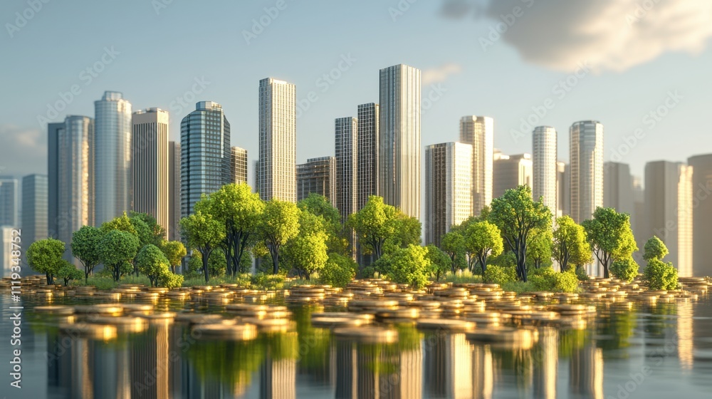 Fototapeta premium Urban Landscape with Lush Green Trees and Reflective Water