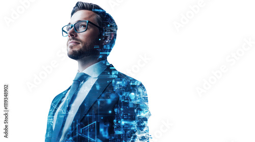 Tech Visionary: A portrait of a pensive businessman, his form interwoven with digital circuitry, symbolizing the fusion of human ingenuity and technological advancement.  