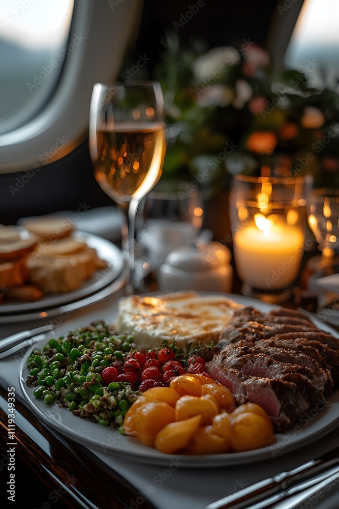 A meal looks luxurious on a private jet dining table, giving a sense of luxury and exclusivity, perfect for promoting a premium lifestyle or advertising a private jet charter service. A meal looks luxurious on a private jet dining table, giving a sense of luxury and exclusivity, perfect for promoting a premium lifestyle or advertising a private jet charter service.