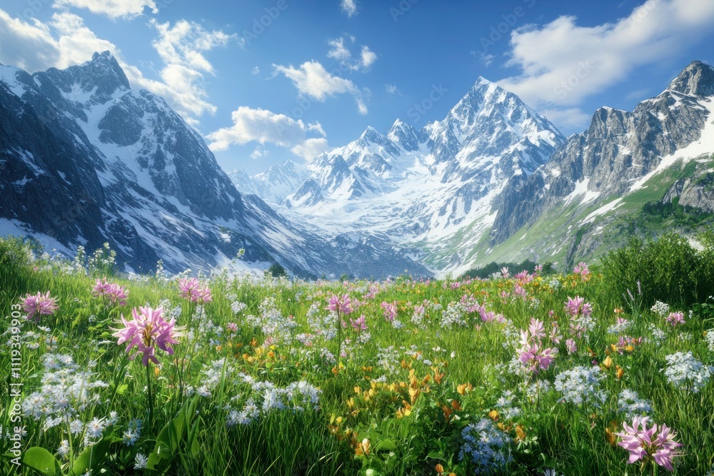 Fototapeta premium A peaceful alpine meadow with wildflowers in full bloom, set against the backdrop of towering snow-covered mountains. The sky is a brilliant blue, and soft clouds drift lazily overhead.