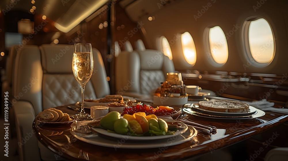 A meal looks luxurious on a private jet dining table, giving a sense of luxury and exclusivity, perfect for promoting a premium lifestyle or advertising a private jet charter service. A meal looks luxurious on a private jet dining table, giving a sense of luxury and exclusivity, perfect for promoting a premium lifestyle or advertising a private jet charter service.