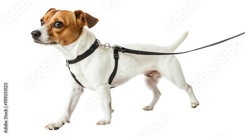 Dog walking on a leash during a stroll,isolated on transparent and white background.PNG image	