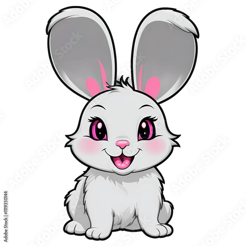 Fluffy White Rabbit Clipart – Adorable Cartoon Style with Bold Black Outline. Bring joy to your designs with this cute fluffy white cartoon rabbit! With long ears, a pink nose, and a friendly smile