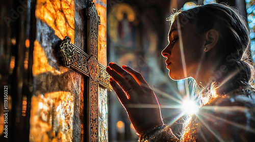 Person touching the cross during Theophany, illuminated by radiant light in a sacred setting photo