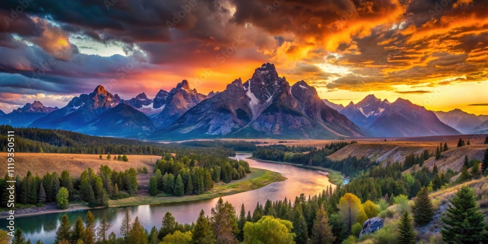 Obraz premium Surreal View from Snake River Overlook in Grand Teton National Park, Majestic Mountains, Dreamlike Landscape, Colorful Skies, Tranquil Nature, Scenic Vista, Enchanting Wilderness, Breathtaking Views