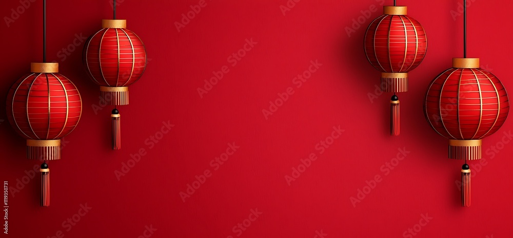 Bright red background with traditional Chinese lanterns hanging, symbolizing celebration and good fortune.
