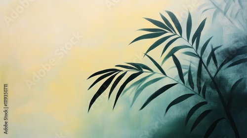 Dark green palm leaves silhouette against a yellow and teal watercolor background.