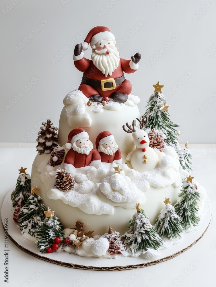Fototapeta premium a beautifully decorated christmas cake with a santa claus figure on top