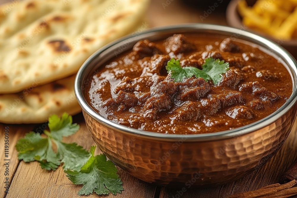 A bowl of rich curry with naan bread on a wooden table, showcasing a delicious meal. A bowl of rich curry with naan bread on a wooden table, showcasing a delicious meal.