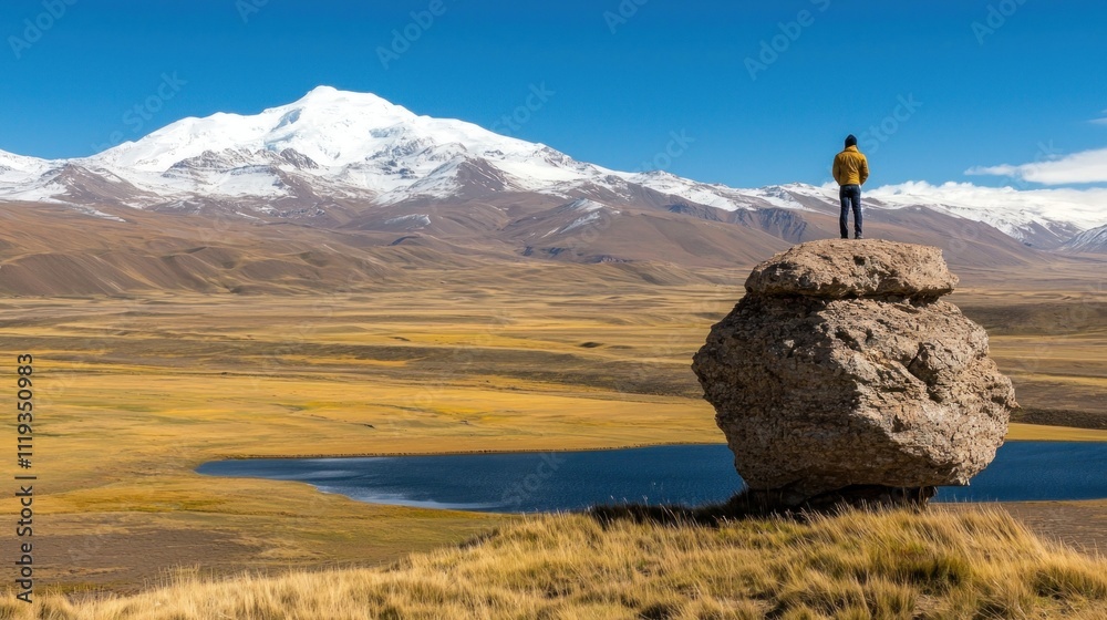 Adventure hiker on rocky outcrop with majestic mountain view tso rolpo lake stunning landscape nature exploration Adventure hiker on rocky outcrop with majestic mountain view tso rolpo lake stunning landscape nature exploration