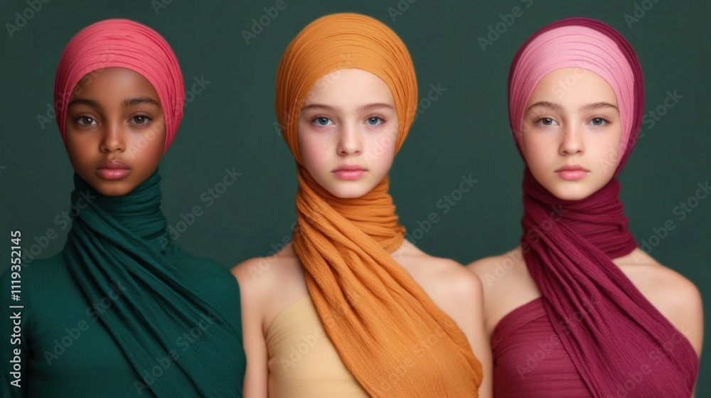 Diverse young models in colorful headscarves studio fashion photography artistic setting close-up empowerment themes Diverse young models in colorful headscarves studio fashion photography artistic setting close-up empowerment themes