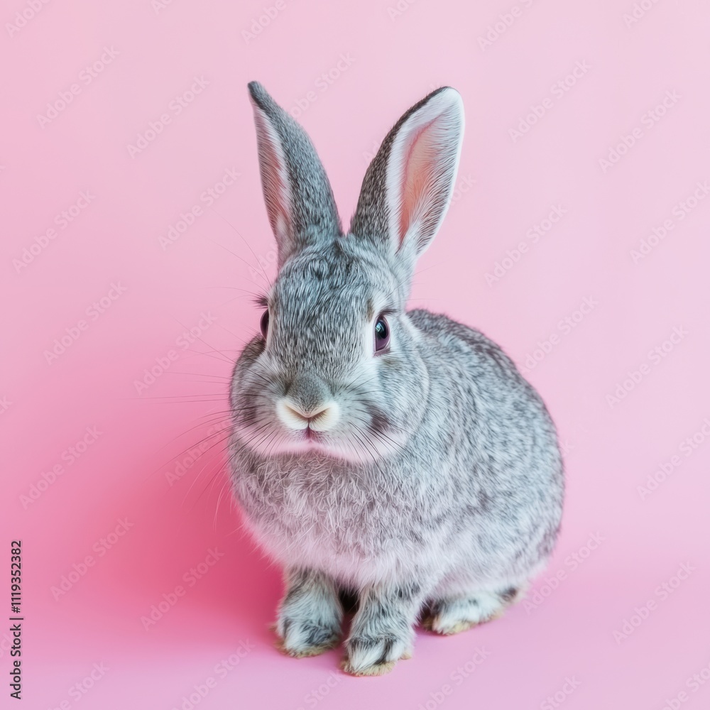 Fototapeta premium Adorable gray rabbit sitting on pastel pink background