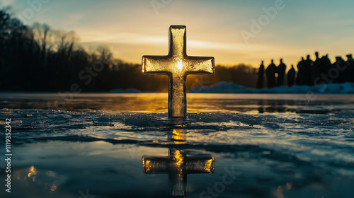 Cross made of ice reflecting in water during Theophany celebration at sunset photo