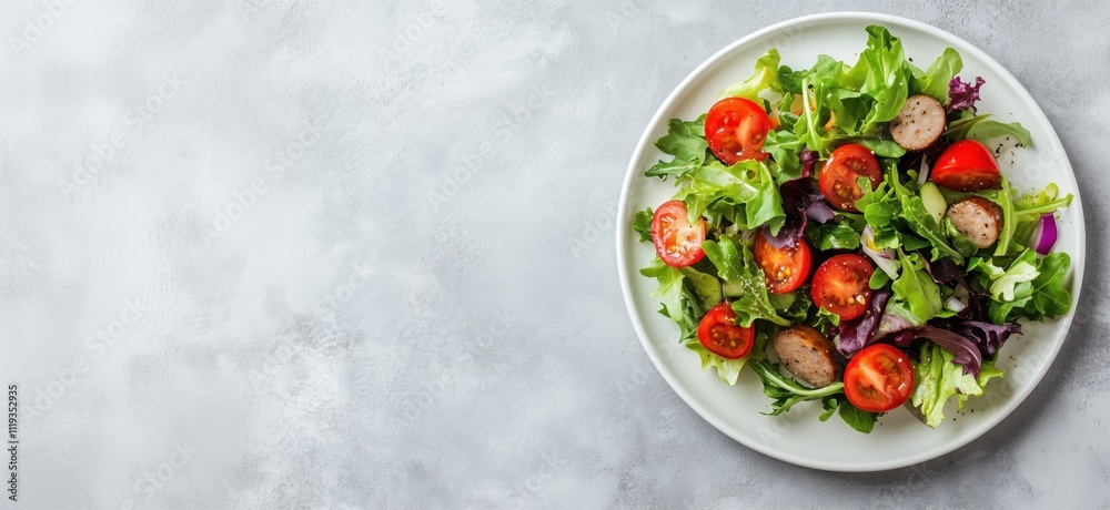 Fresh salad with tomatoes, greens, sausage slices, vibrant colors, healthy meal option, served on white plate, copy space for text Fresh salad with tomatoes, greens, sausage slices, vibrant colors, healthy meal option, served on white plate, copy space for text