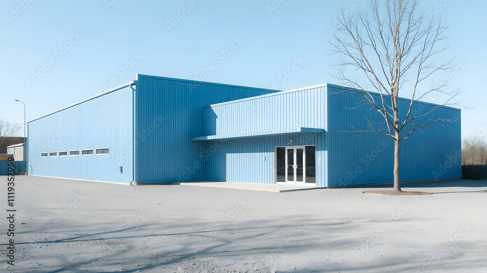 A minimalist blue industrial warehouse with clean architecture, surrounded by an empty gravel lot A minimalist blue industrial warehouse with clean architecture, surrounded by an empty gravel lot
