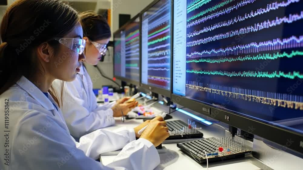 Researchers analyzing genetic sequences on large screens, utilizing bioinformatics tools to map and edit genomes in a sterile laboratory environment