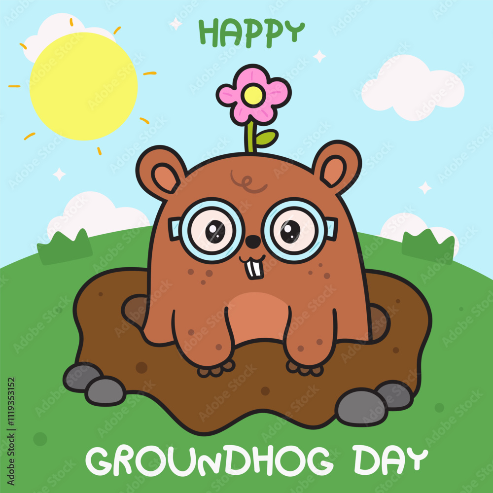 Happy groundhog Day in burrow with sun fresh nature kawaii sticker Happy groundhog Day in burrow with sun fresh nature kawaii sticker