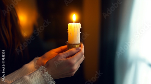 Hands holding a single lit candle, symbolizing hope and unity in a dimly lit room
