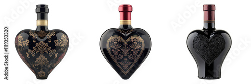 valentine heart gift. Heart shaped wine bottles with intricate designs transparent background photo