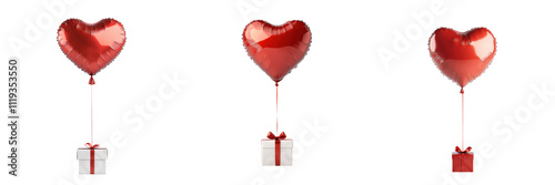 valentine heart gift. Red heart shaped balloons tied to gift boxes transparent background