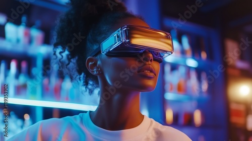 Young woman engages in virtual reality experience at a vibrant neon-lit bar during an evening outing