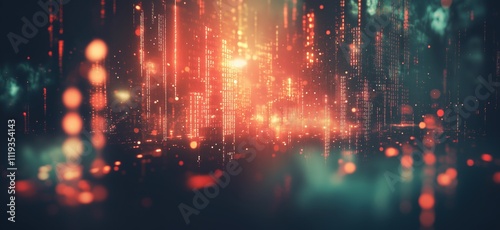 Digital data stream with glowing binary code, vibrant colors, abstract background, futuristic technology, depth of field, light effects, copy space for text