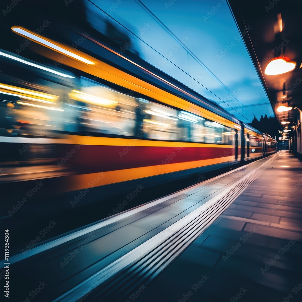 Motion Blur of Train Departing from Station at Twilight Time Motion Blur of Train Departing from Station at Twilight Time