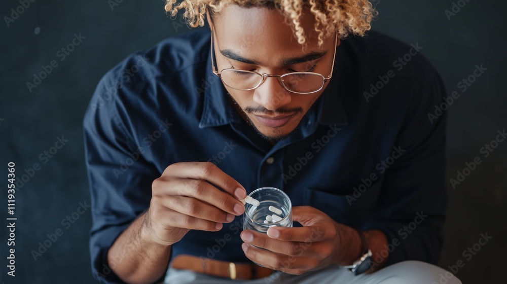 Young man carefully examining small white objects in a transparent container while seated indoors Young man carefully examining small white objects in a transparent container while seated indoors