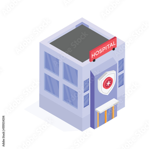A hospital building with a shield symbolizing health coverage