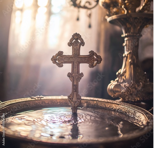 Golden cross standing in the baptismal font during the Epiphany, symbolizing spiritual significance photo