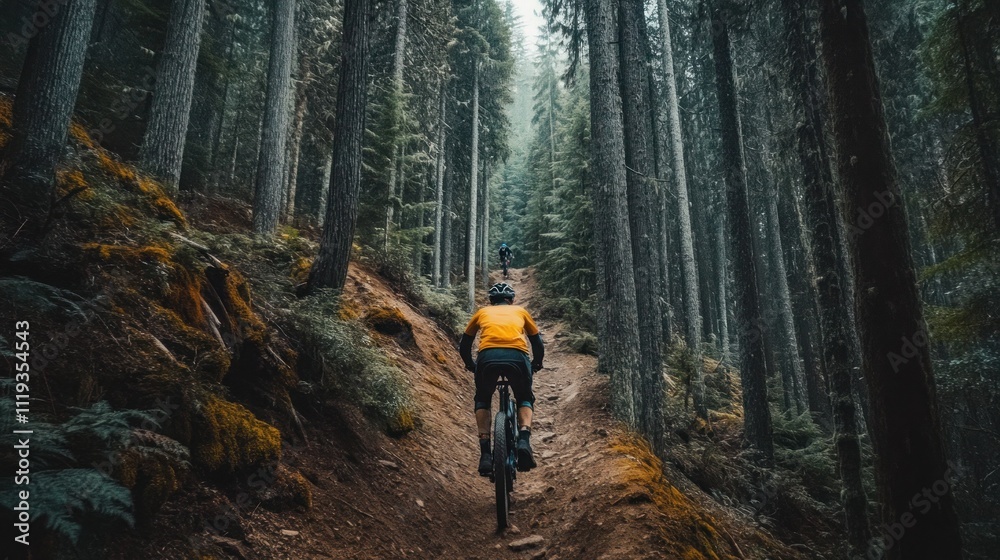 A mountain biker navigating a rugged trail through a dense forest, with trees towering on either side A mountain biker navigating a rugged trail through a dense forest, with trees towering on either side