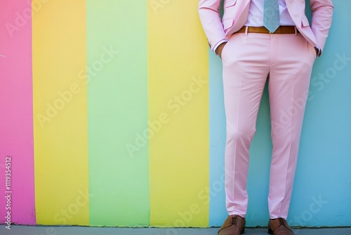  person in a pink suit stands against a colorful striped wall, showcasing fashion and style 