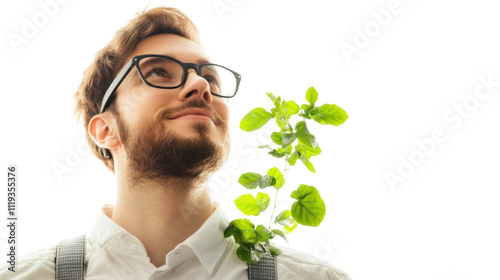 Green Shoots of Growth: A young man, symbolizing new beginnings and hope, looks towards a brighter future, with a sprig of green leaves representing growth and sustainability.   photo