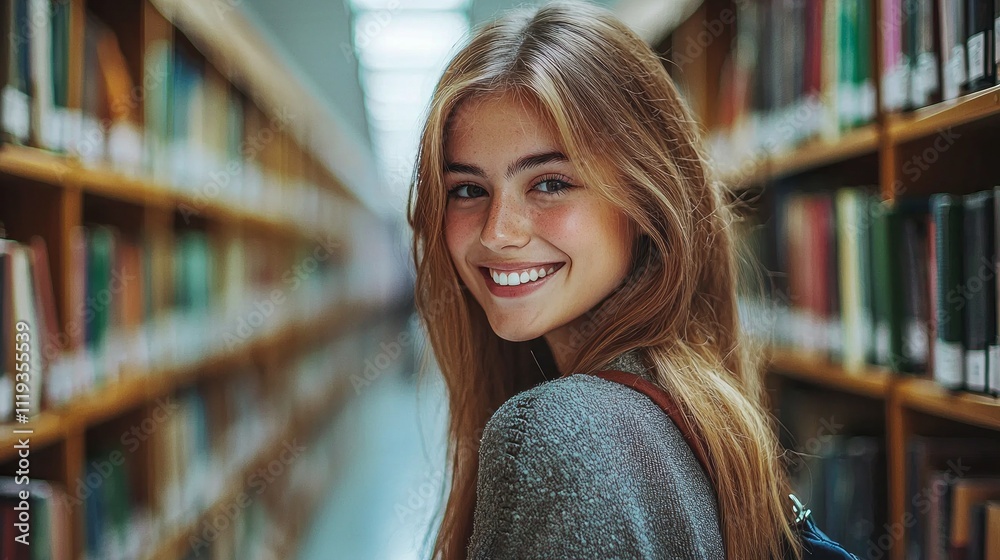 A young woman stands amidst towering shelves in a library, her warm smile reflecting joy and curiosity as she engages with the world of books and learning A young woman stands amidst towering shelves in a library, her warm smile reflecting joy and curiosity as she engages with the world of books and learning